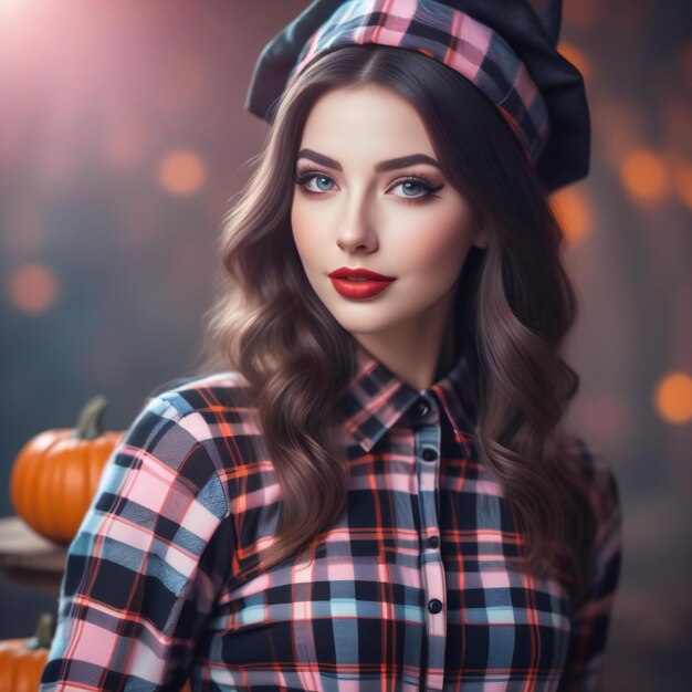 Foto retrato de una hermosa mujer joven con camisa a cuadros y boina de halloween