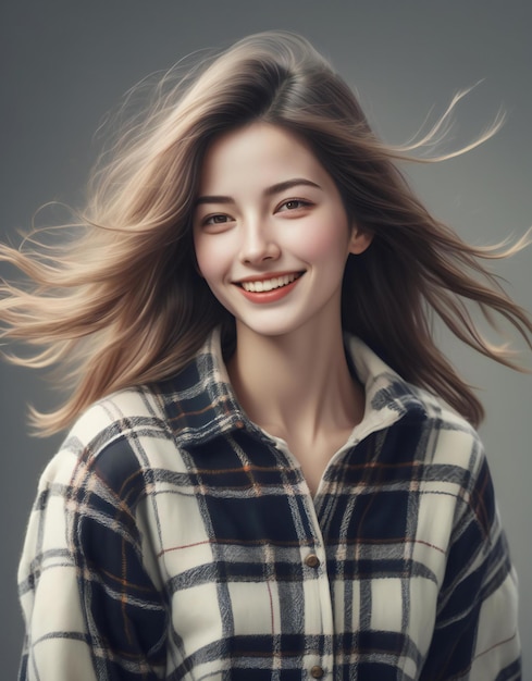 Retrato de una hermosa mujer joven con camisa a cuadros