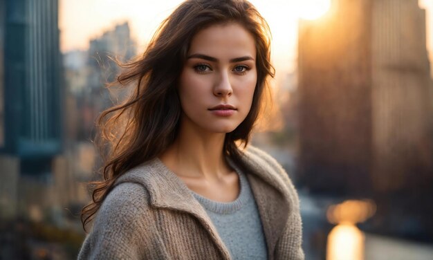 Retrato de una hermosa mujer joven en la ciudad al atardecer