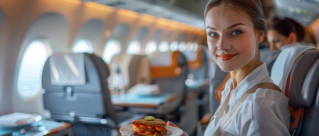Retrato de una hermosa mujer joven comiendo comida en un avión