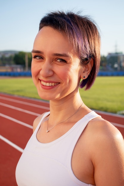 Retrato hermosa mujer joven feliz corredor atleta en jersey blanco y ropa deportiva en el estadio mirando a la cámara y sonriendo en la madrugada correr y hacer ejercicio en el estadio al aire libre