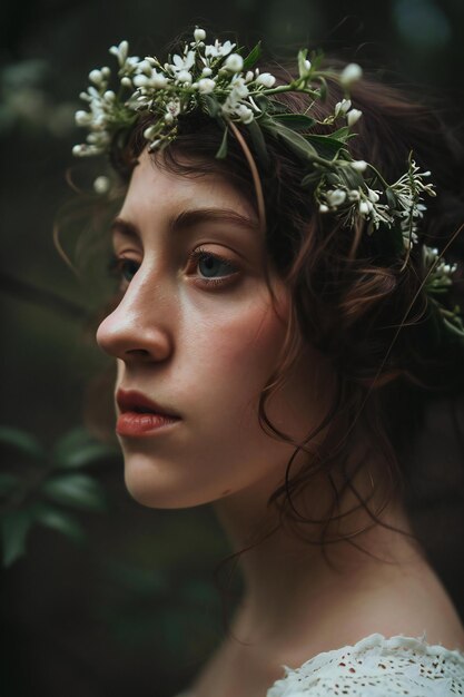 Foto retrato de una hermosa mujer joven con flores en el cabello