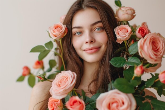 Retrato de una hermosa mujer joven con flores