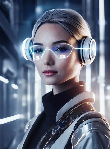 Retrato de una hermosa mujer joven con gafas y auriculares futuristas