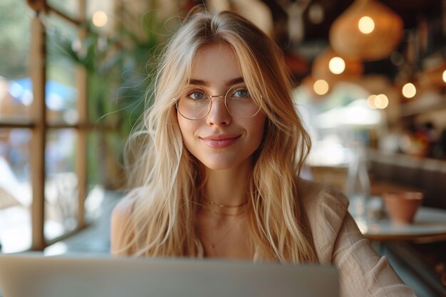 Retrato de una hermosa mujer joven con gafas en un café