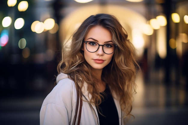 Retrato de una hermosa mujer joven con gafas en la ciudad