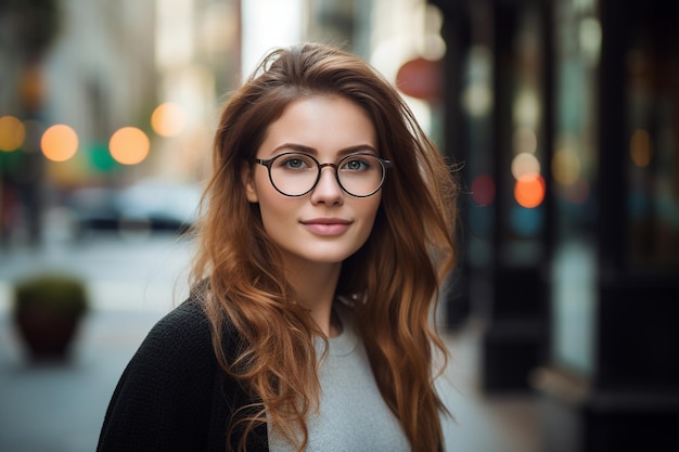 Retrato de una hermosa mujer joven con gafas en la ciudad