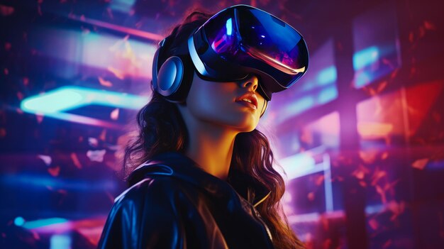 Retrato de una hermosa mujer joven con gafas de realidad virtual en estilo futurista y lig de neón