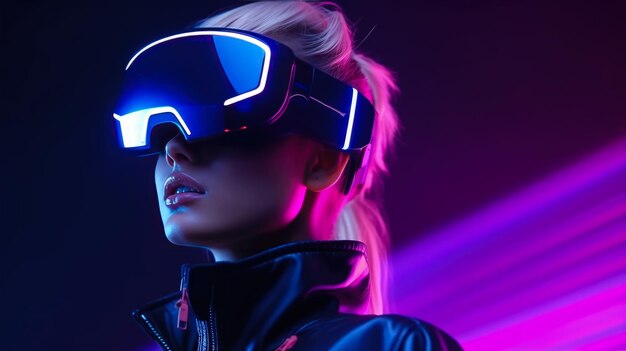 Foto retrato de una hermosa mujer joven con gafas de realidad virtual en estilo futurista y lig de neón