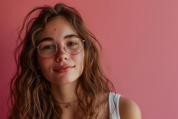 Retrato de una hermosa mujer joven con gafas sobre un fondo rosa