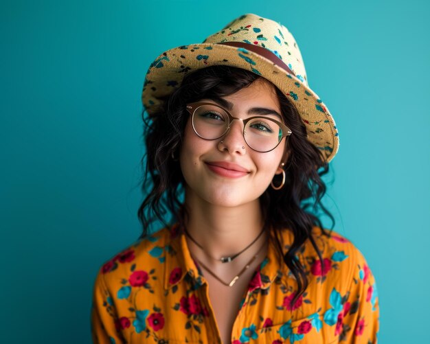 Retrato de una hermosa mujer joven con gafas y sombrero sobre fondo azul