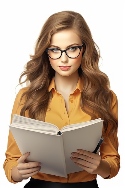 Retrato de una hermosa mujer joven con gafas y sosteniendo un libro