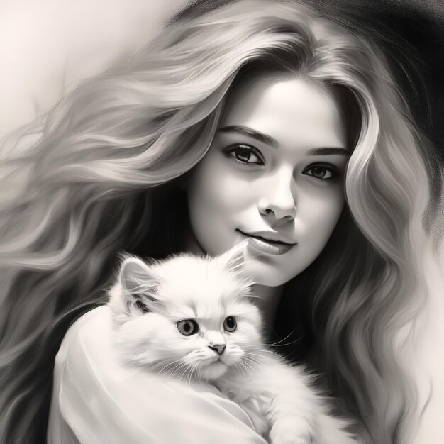 Foto retrato de una hermosa mujer joven con un gatito de pelo largo chica de moda con un gato grande en el