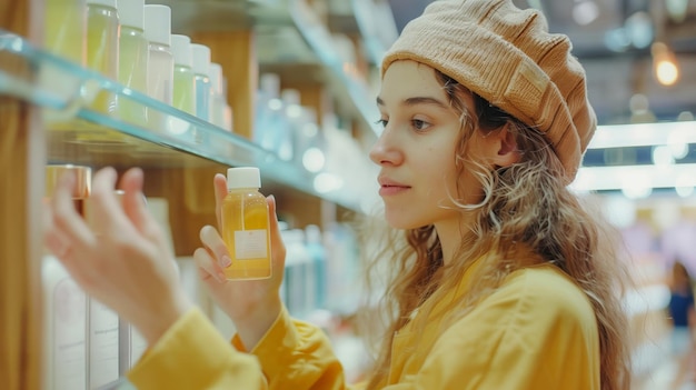 Retrato de una hermosa mujer joven con un impermeable amarillo y un sombrero elige champú en la tienda