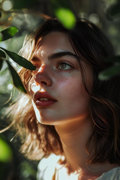 Retrato de una hermosa mujer joven en el jardín Moda de belleza