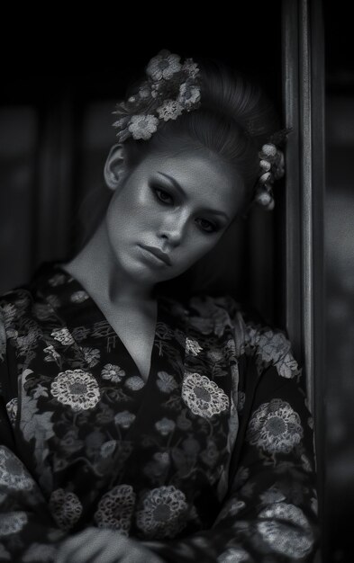 Retrato de una hermosa mujer joven en kimono