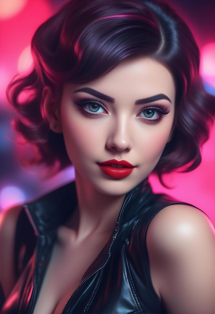 Retrato de una hermosa mujer joven con labios rojos y maquillaje de noche