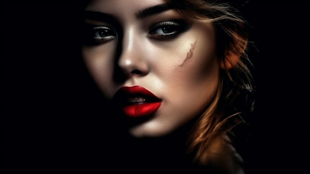 Retrato de una hermosa mujer joven con labios rojos sobre un fondo negro generativo ai