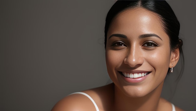 Retrato de una hermosa mujer joven latina con dientes blancos sonriendo cabello largo y saludable y piel hermosa en