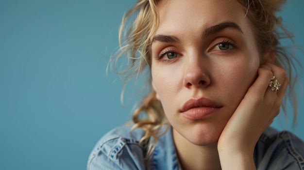 Foto retrato de una hermosa mujer joven con la mano en la barbilla mirando a la cámara sobre un fondo azul