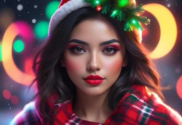 Retrato de una hermosa mujer joven con maquillaje navideño y labios rojos
