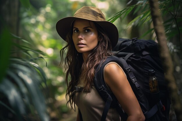 Retrato de una hermosa mujer joven con mochila de pie en la jungla