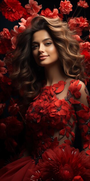 Retrato de una hermosa mujer joven morena con el cabello largo y rizado en un vestido con un ramo de flowe