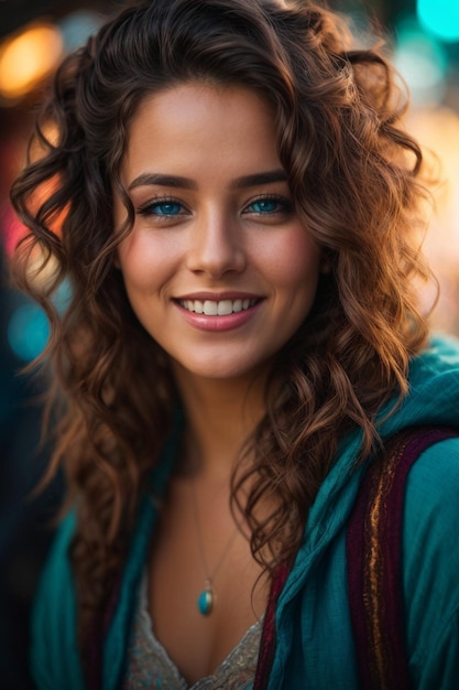 Retrato de una hermosa mujer joven con ojos turqueses