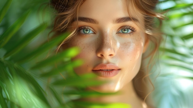 Retrato de una hermosa mujer joven con ojos verdes y piel fresca IA generativa