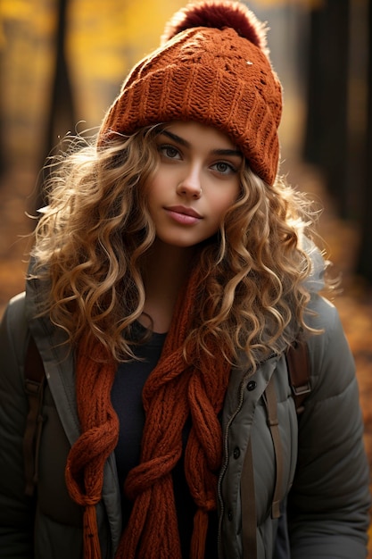 Retrato de una hermosa mujer joven en un parque de otoño creado con IA generativa