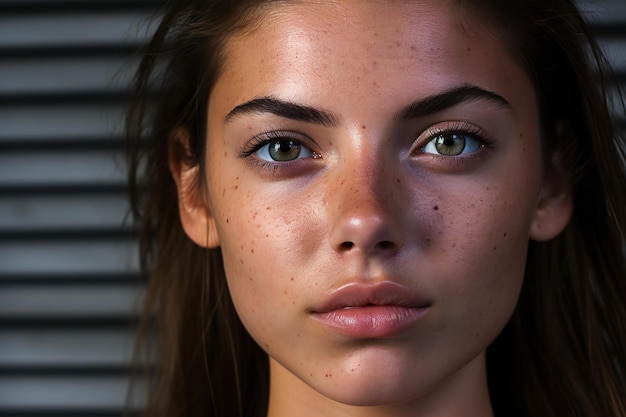 Foto retrato de una hermosa mujer joven con pecas en la cara