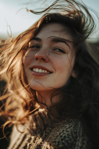 Retrato de una hermosa mujer joven con el pelo largo y marrón al aire libre