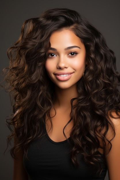 Foto retrato de una hermosa mujer joven con el pelo largo y marrón