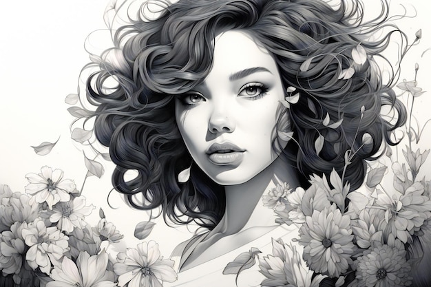 Retrato de una hermosa mujer joven con el pelo largo y rizado y flores en el cabello