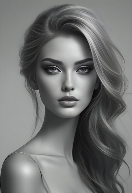 Retrato de una hermosa mujer joven con el pelo largo y rubio sobre un fondo gris