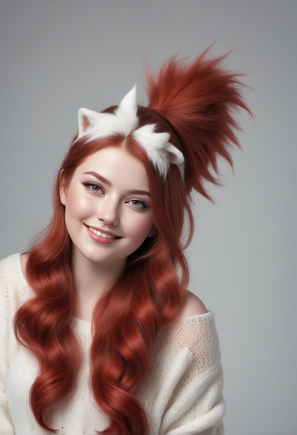 Retrato de una hermosa mujer joven con el pelo rojo largo