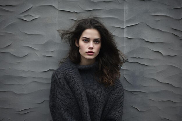 retrato de una hermosa mujer joven de pie en la pared gris