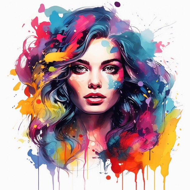 Foto retrato de una hermosa mujer joven con salpicaduras de pintura de colores en la cara