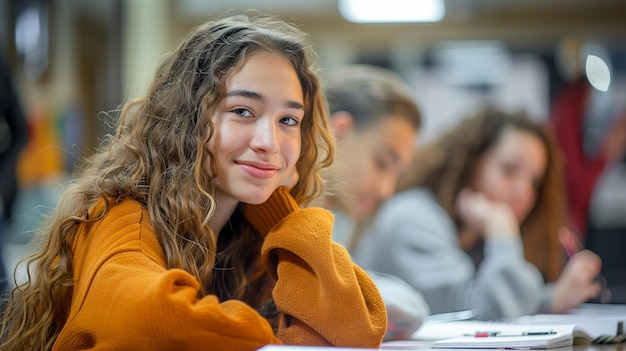 Retrato de una hermosa mujer joven sentada en una biblioteca y sonriendo concepto de educación