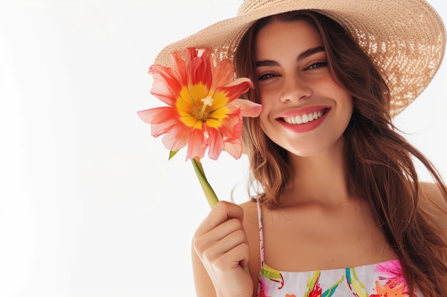Foto retrato de una hermosa mujer joven con un sombrero sosteniendo una flor