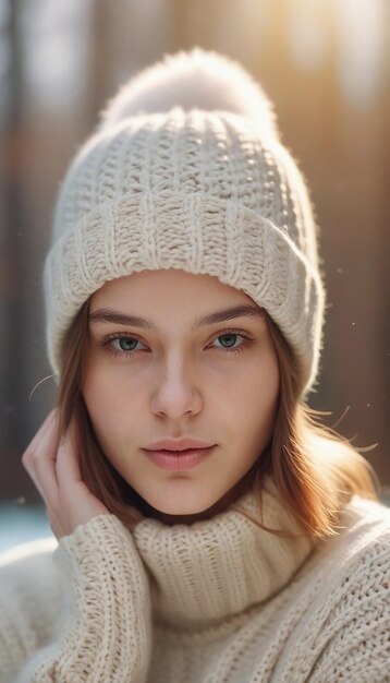 Retrato de una hermosa mujer joven con un sombrero y suéter de punto