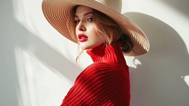 Retrato de una hermosa mujer joven con un sombrero y un suéter rojo