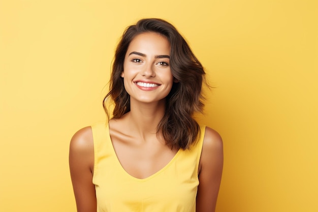 Retrato de una hermosa mujer joven sonriendo a la cámara aislada sobre un fondo amarillo