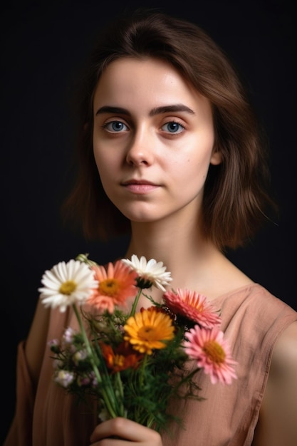 Un retrato de una hermosa mujer joven sosteniendo algunas flores creadas con AI generativa