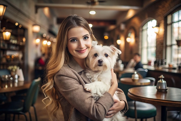 Retrato de una hermosa mujer joven sosteniendo a su perro en las manos Un lindo perro blanco en los brazos de una chica amorosa