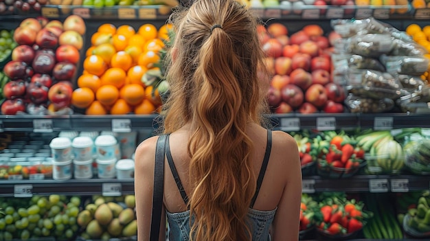 retrato de una hermosa mujer joven en un supermercado con frutas