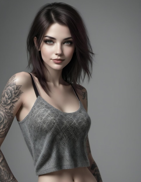 Retrato de una hermosa mujer joven con tatuaje en el brazo