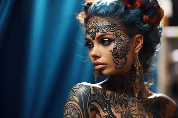 Retrato de una hermosa mujer joven con tatuajes en el cuerpo y la cara posando en un fondo de tela azul mujer hipster desnuda con peinado de cabello de color
