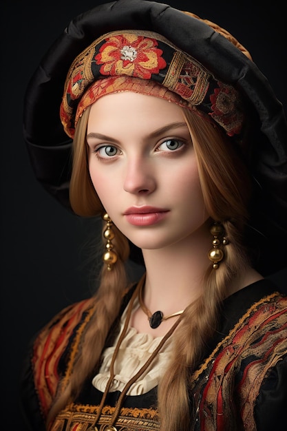 Retrato de una hermosa mujer joven en un traje medieval sobre un fondo negro