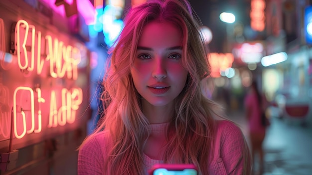 Foto retrato de una hermosa mujer joven usando su teléfono inteligente en la calle de la ciudad nocturna iluminada por luces de neón una hermosa joven usando su smartphone mientras está de pie en la calle
